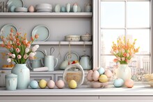 In The Kitchen, There Are White Shelves Or A Counter Adorned With Kitchenware, Utensils, And Decor All In An Easter Theme. There Is A Banner Placed Against A White Wall In The Background, Providing