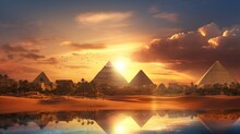 Sunset Majesty: Cairo's Golden Pyramids Illuminate Fantasy Egyptian Landscape