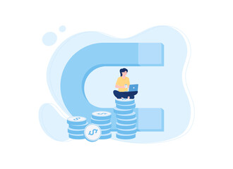 Wall Mural - Woman sitting on pile of coins with laptop concept flat illustration