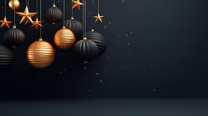 Wall Mural - Christmas and New Year minimalistic background. Golden and black Glass Balls hanging on ribbon on black background with copy space for text. The concept of Christmas and New Year holidays