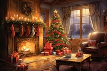 Watercolor Christmas Tree And Fireplace Presents In A Dreamy Scene