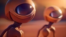 Two Orange Aliens Standing In Front Of Each Other At Sunset. Mars. 4K. Generative AI