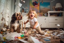 A Playful Hyperactive Cute Blond Toddler Child And A Dog Misbehaving And Making A Huge Mess In A Living-room, Throwing Around Things And Shredding Paper. Studio Light