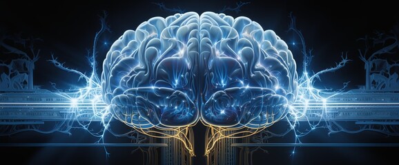 Double exposure of a creative hologram of a human brain microchip. Future technologies and AI concept