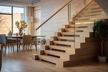Contemporary Wooden Stairs Made From Natural Ash Tree Are Incorporated In The Interior Of A New House. The Staircase Showcases Modern Architecture And Interior Design, Adding A Touch Of Elegance To