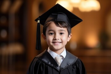 Wall Mural - Photography of a pleased, child boy that is wearing a graduation gown and cap against a grand auditorium background. Generative AI