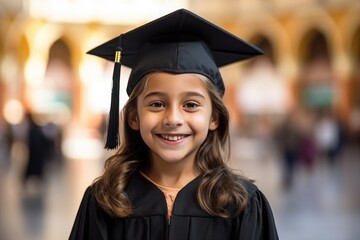 Wall Mural - Photography of a pleased, child girl that is wearing a graduation gown and cap against a grand auditorium background.