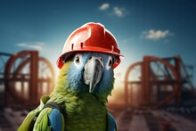 A Parrot Wearing A Red Hat And Hat In Front Of Some Construction Construction Site