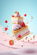 A Clean Detailed Studio Photo Of Layered Cake Slices With Whipped Cream And Cherry And Berries Flying In The Air On Pastel Gradient Background. Food Ingredient Levitation.