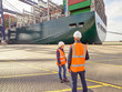 © Connect Images - Male and female dock workers looking at cargo ship, Felixstowe, England.