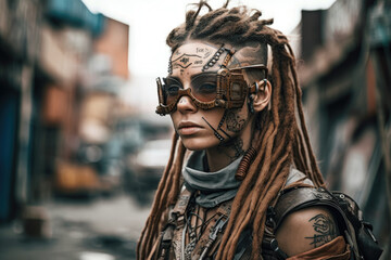 A striking image of a woman dressed in cyberpunk-style attire, wearing goggles, sporting dreadlocks and tattoos. She stands against the backdrop of a post-apocalyptic city. Generative Ai, Ai.