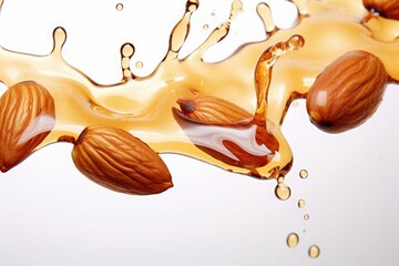 Splash of almond oil with almond nuts on a white background.
