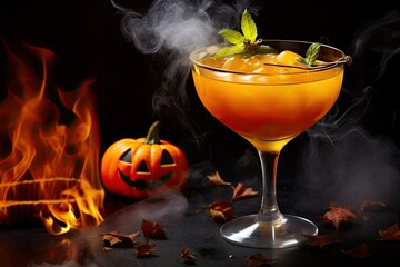 halloween autumn orange cocktail with spices and mint in a glass with a jack-o'-lantern pumpkin and 