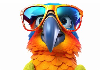 Parrot. Close-up of a сolorful macaw with glasses in front of a white background. Digital art. Printable design for t-shirts, mugs, cases, bags, pillows etc. Illustration for banner, poster or cover.