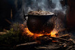 © Marco Attano - a rustic cast - iron pot over a crackling open fire in a wilderness setting, sparks flying, smoke curling, dramatic chiaroscuro lighting