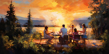 A Family Enjoying An Outdoor Cookout At Sunset, Shadows Stretching, Golden Light, Bold Brush Strokes, Colors Blending