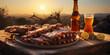 a Southern style barbeque cookout, slow - cooked ribs on a smoker, bottles of homebrewed beer, warm sunset light