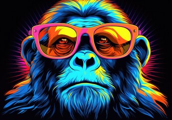 Cartoon colorful monkey with sunglasses on black background. Neon portrait of a chimpanzee in the style of pop art. Digital art. Printable design for t-shirt, bag, postcard, case and other products.