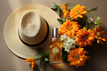 Poster - Summer flat lay arrangement showcasing a straw hat, a glass of water, and an orange fruit inside an eco shopping bag. Generative Ai.