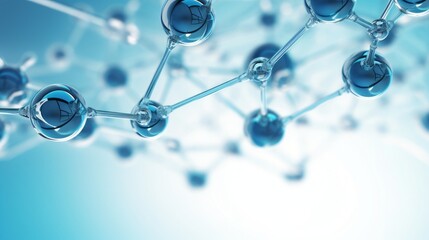 horizontal banner abstract molecular structure model, background a serene shade of blue, high qualit