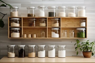 Poster - A fashionable and convenient way to store a large quantity of items, using glass jars topped with lids made from bamboo. The jars are compact and visually appealing, with a clear view of the contents