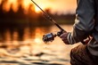 © inspiretta - Fisherman hand holding fishing rod near water, generative ai