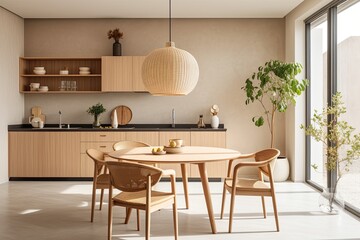 A stylish kitchen area with a circular table, rattan seating, a teapot, a flower filled vase, a hanging pendant light, and personal touches, all carefully arranged in a minimalist manner. The overall