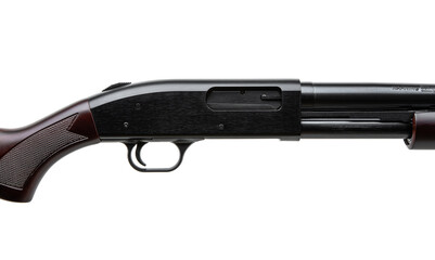 Wall Mural - Pump-action 12 gauge shotgun isolated on a white back. A smooth-bore weapon with a wooden stock.