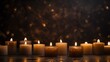 Burning candles on dark background, peaceful scene with copy space, extra wide.