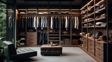 Modern Dark Wooden Walk In Wardrobe With Clothes Hanging On Rail, 3d Walk In Closet Interior Design.