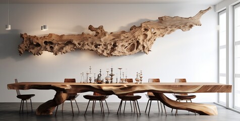 Wall Mural - Large rustic dinning table made of wooden slab in modern kitchen room, minimal interior design background, extra wide