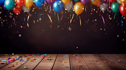 colorful carnival or party frame of balloons, streamers and confetti on rustic wooden board, with co