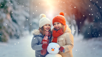 Wall Mural - child playing with snow snowman and christmas tree