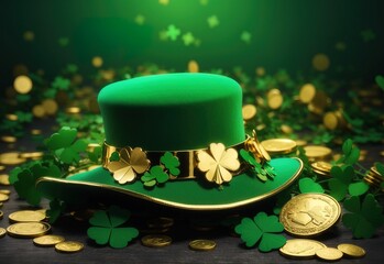 Banner with Shiny green hat, gold coins and clover leaves. St. Patrick's day concept