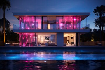 Wall Mural - During the nighttime, a contemporary villa embellished with vibrant LED lights can be observed, yet it remains unoccupied.