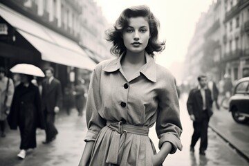 woman walking in paris in 1950 monochromatic vintage