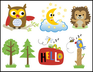 Poster - Group of funny woodland animals cartoon with funny crescent moon