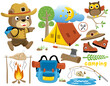 Vector set of camping element cartoon with cute bear in scout costume, funny owl on tree branch