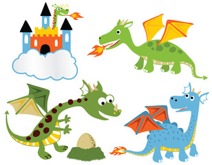 Wall Mural - Group of funny dragon cartoon with castle