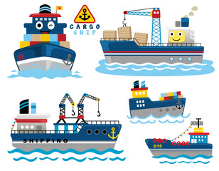 Poster - Group of funny cargo ships cartoon