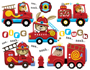 Wall Mural - Vector set of firetruck cartoon with funny animals fireman