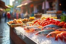Local Market With Fresh Farm Products. Sea Fish And Seafood Close-up On Street Counter