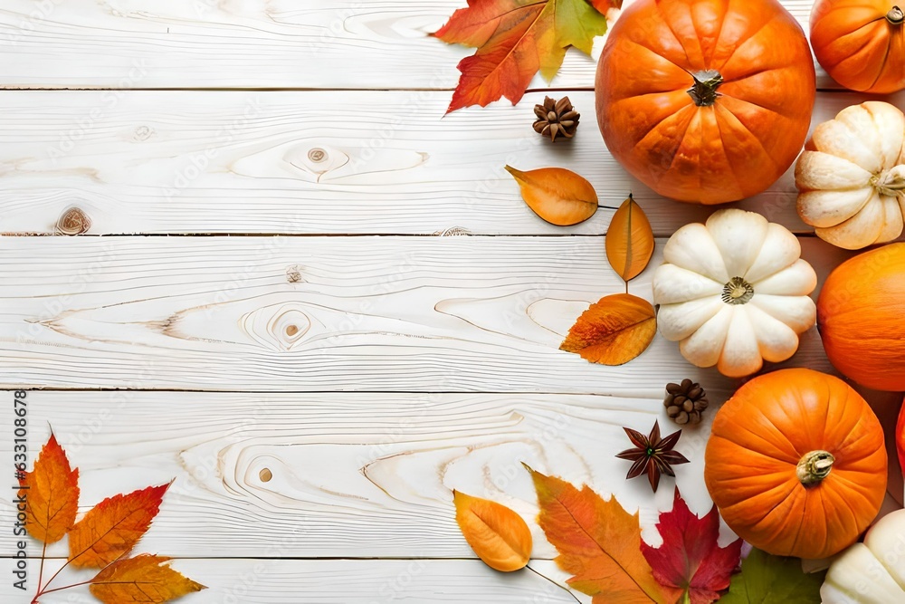 Autumn top border of orange, white and striped pumpkins on a white wood ...