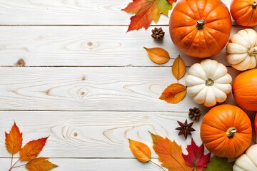 autumn top border of orange, white and striped pumpkins on a white wood background. top view with co