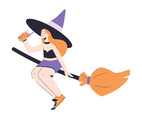 Poster - Happy Woman Witch at Halloween Party Flying on Broom with Juice Glass Vector Illustration