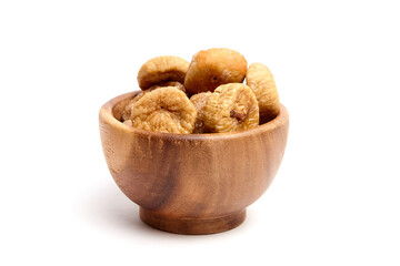 Wall Mural - Dried figs in wooden bowl isolated on white background