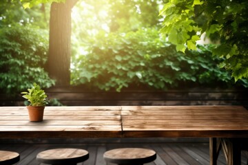 Sticker - Wooden table in a cafe outdoors, under the trees