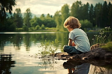 Little boy  near the lake 