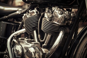 Sticker - Close up view of a shiny motorcycle engine, AI Generated