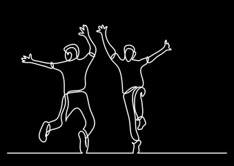 Wall Mural - continuous line drawing vector illustration with FULLY EDITABLE STROKE of happy jumping persons as concept of happiness on black background